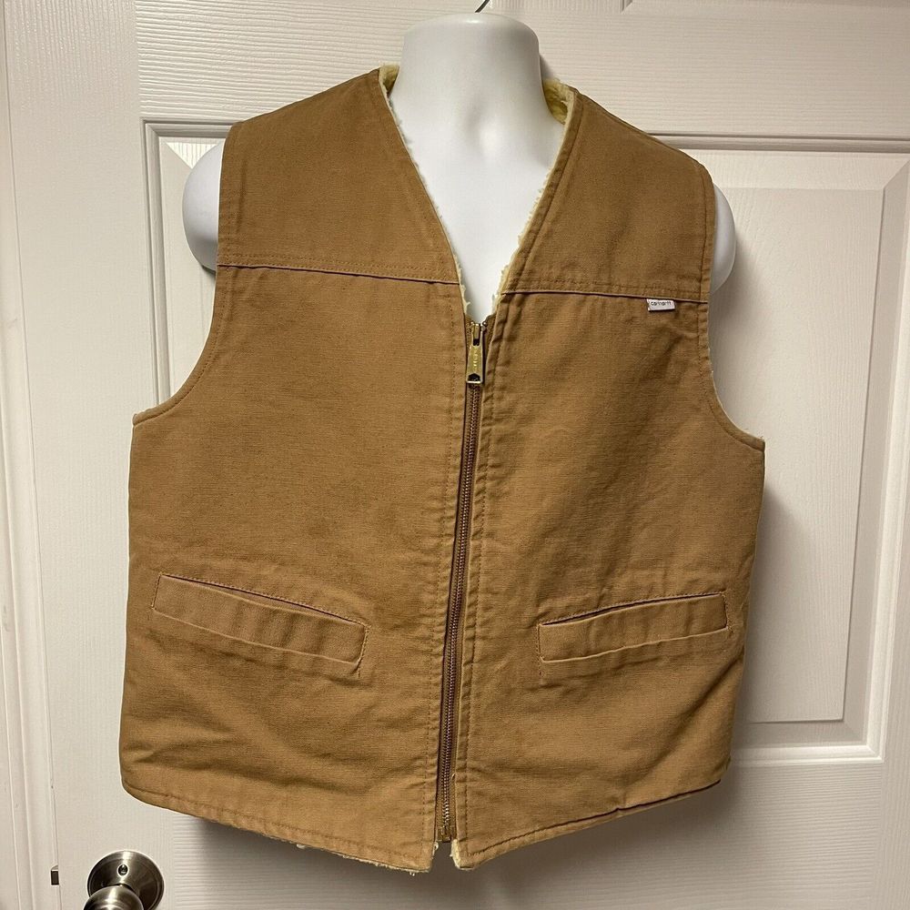 Carhartt Vest Men Large Duck Sherpa Lined Denim Work Zip Union Made USA Vintage
